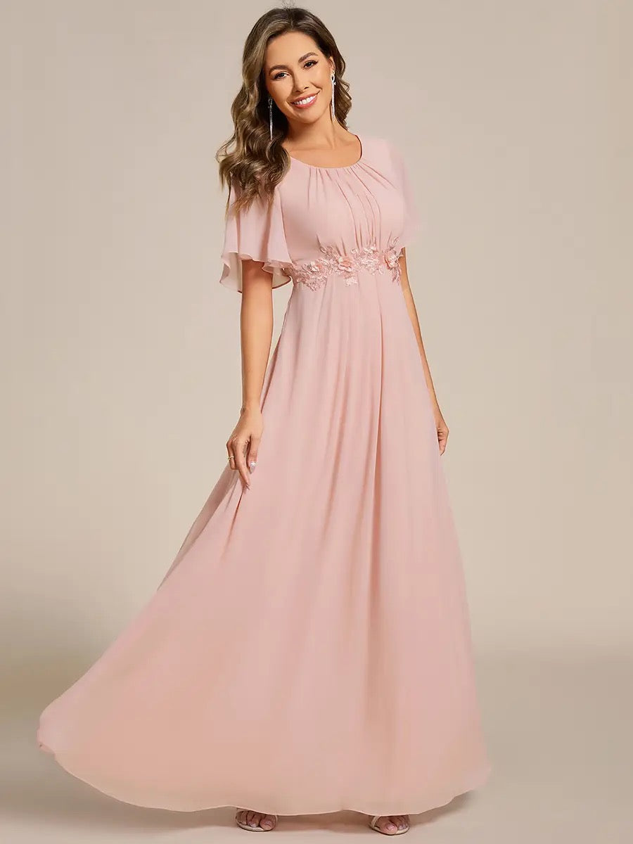 Elegant Short Sleeve Pleated Appliqué Evening Gown