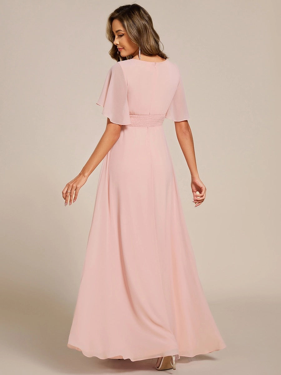 Elegant Short Sleeve Pleated Appliqué Evening Gown